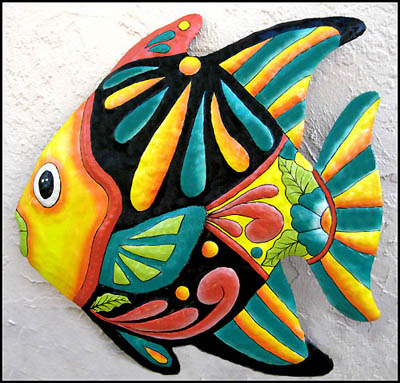 Tropical Fish Wall Hanging, Hand Painted Metal, Metal Wall Art, Tropical Decor, Metal Art - 17" 