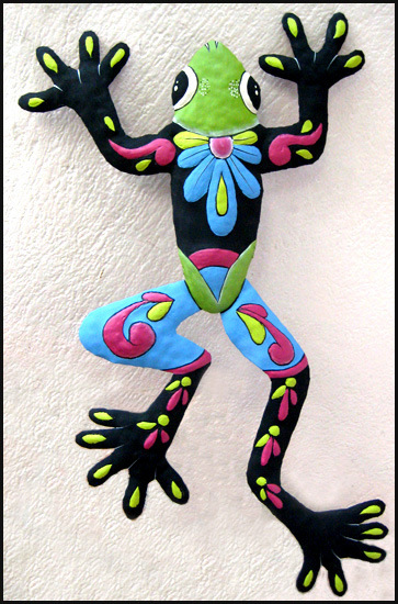 Painted Metal Frog, Garden Art Wall Hanging - Tropical Art - Metal Art of Haiti 20" 