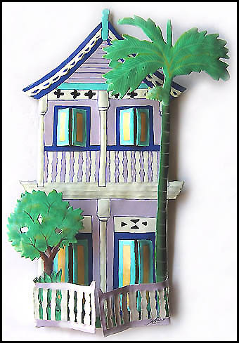 Painted Metal Caribbean Gingerbread House Wall Hanging - Tropical Decor - 11" x 17