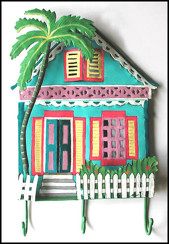 Painted Metal Gingerbread House Wall Hangings, Tropical Decor