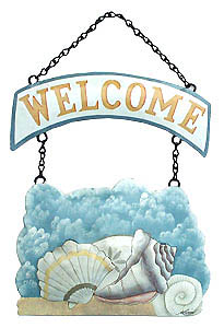  Shell Welcome Sign - Hand Painted Metal Beach Decor - Recycled Steel Drums - 10" x 15"