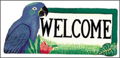 Parrot Welcome Sign - Painted Metal Blue Hyacinth - Tropical Decor - 8" x 16"