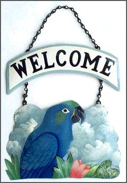 painted metal parrot welcome sign - blue hyacinth