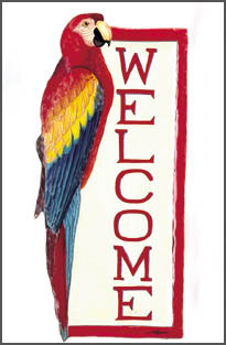Hand painted metal welcome sign. tropical decor  Parrots - Scarlet Macaw