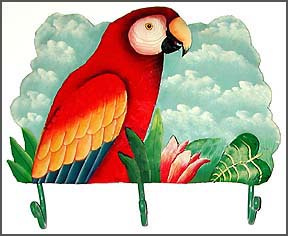 Hand painted metal tropical parrot wall hook.