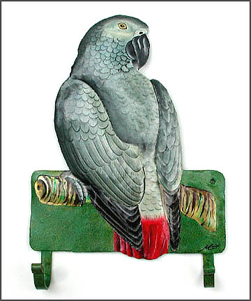 Hand painted metal tropical parrot wall hook. African Grey 