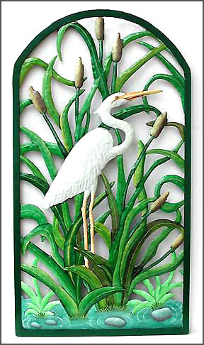 White Egret Metal Wall Hanging. Painted Tropical Decor. 21" x 38"