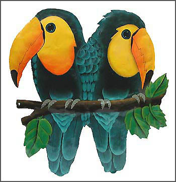 Hand painted metal parrot wall hangings. toucan