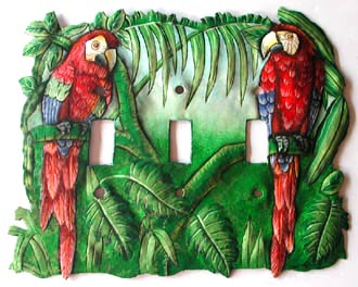 Parrot Toggle Painted Metal Switch Plate Cover - 3 Holes Tropical Decor
