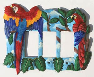 Parrot Painted Metal 3 Hole Electrical Switch Plate Cover - Rocker Style - 9 1/4" x 9 1/2"