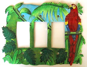 Scarlet Macaw Parrot Painted Metal Triple Switchplate Cover - 3 Holes - 9 1/4" x 6 1/2"