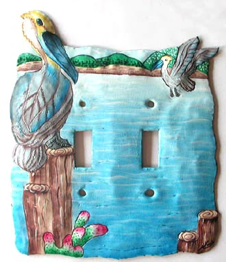 Metal Switch Plate Cover - Hand Painted Pelican - Recycled Steel Drum - Double