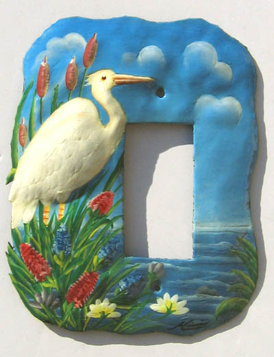 Metal Rocker Light Switch Plate Cover - Painted White Egret Switchplate