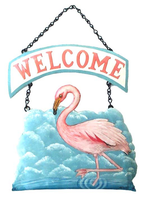 painted metal flamingo welcome sign