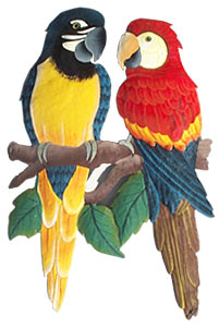 Parrots - Hand Painted Metal Tropical Wall Decor - Steel Drum Art - 12" x 17"