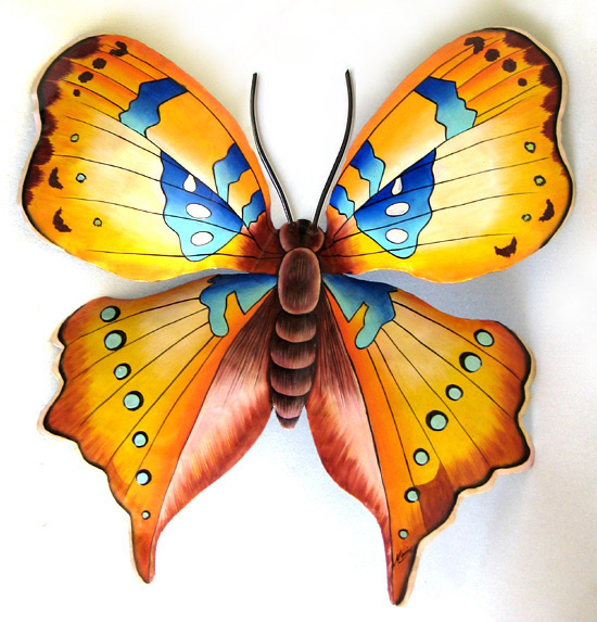 Gold & Blue Hand Painted Metal Butterfly Wall Decor - Haitian steel drum painted art