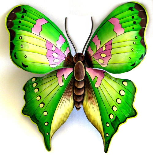 Painted Metal Green & Pink Butterfly Wall Hanging - steel drm metal art of Haiti