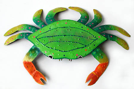 Hand Painted Metal Crab - Tropical Wall Art - Garden Decor - 11"x16"