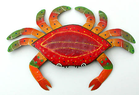 Hand painted metal crab wall hanging - Outdoor decor - Hand cut from Haitian steel drum