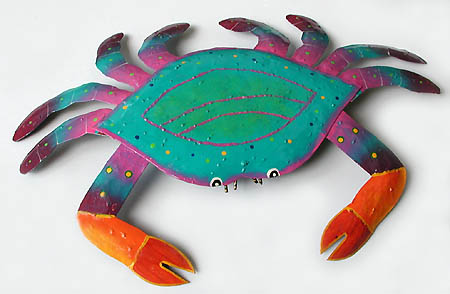 Painted Metal Turquoise & Pink Crab Art in Tropical Colors - Haitian Handicraft - 11