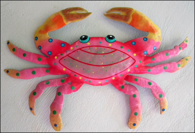 Pink Painted Metal Crab Wall Art - Handcrafted Nautical Design - 15" x 21"