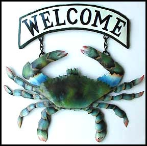 Painted metal crab welcome sign