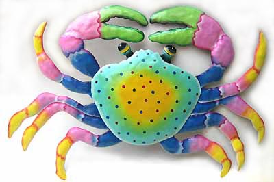 Hand painted metal crab wall hanging in bright pastel colors.