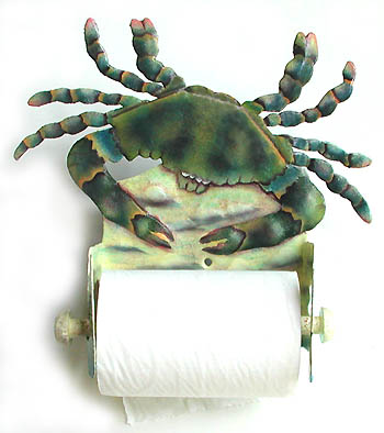 Blue Crab Toilet Paper Holder in Painted Metal Tropical Bathroom Decor - 9 1/2"