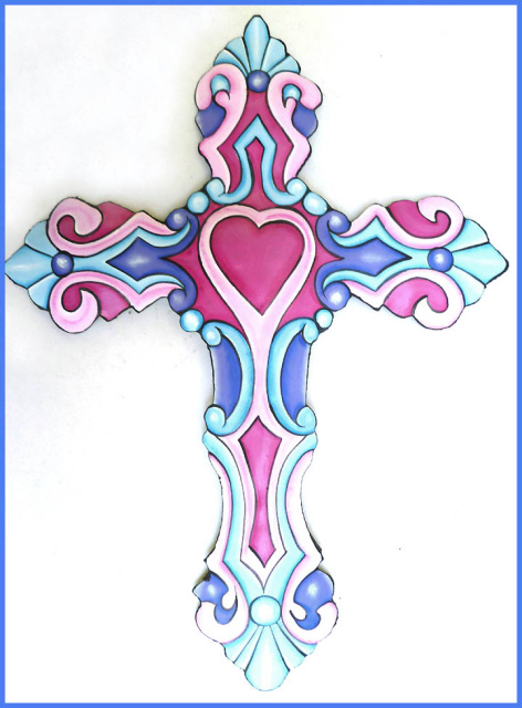 Cross Wall Decor - Painted Metal Wall Hanging - Christian Art - 13"