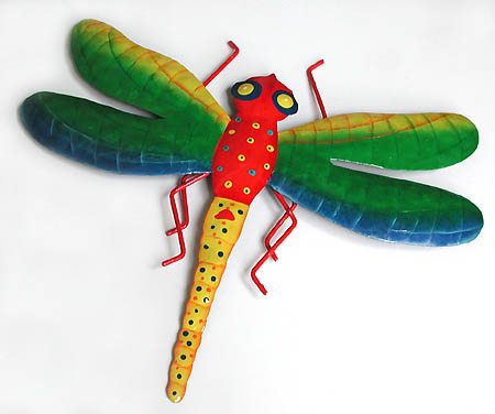 Hand Painted Metal Dragonfly Art Wall Decor - Green & Yellow - 12