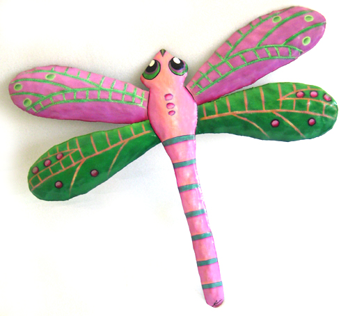 Pink & Green Dragonfly Garden Art - Painted Metal Wall Hanging -  17 1/2" 