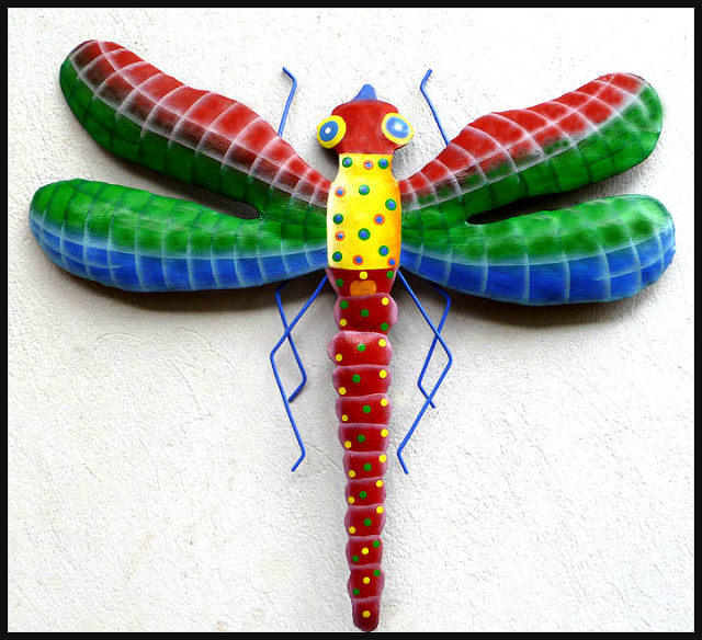 Dragonfly Wall Decor, Painted Metal Wall Hanging, Tropical Garden Art -14 "
