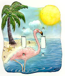   Flamingo Light Switch Cover - Hand Painted Metal Home Decor - 2 Holes
