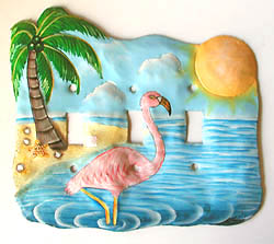 Tropical Pink Flamingo - Hand Painted Metal Triple Switchplate Cover