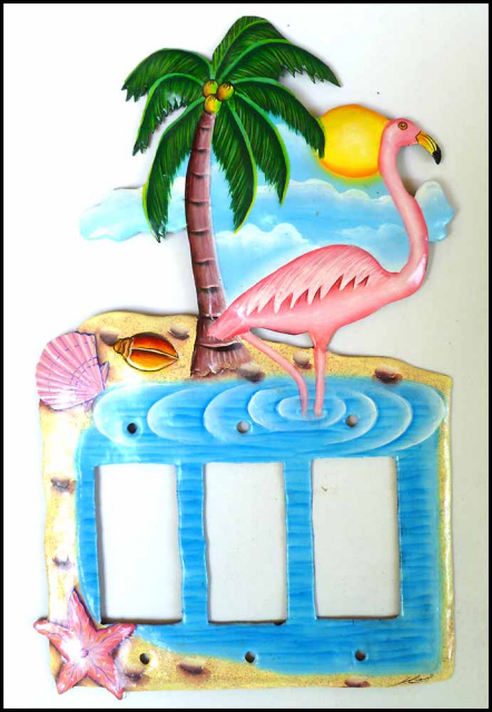Flamingo Light Switch Cover - Hand Painted Metal - Tropical Metal Home Decor - Rocker Style - 3 hole