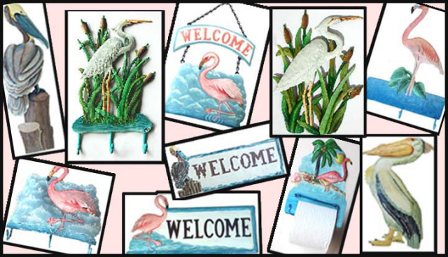 Hand painted metal - Haitian metal art - flamingos, egret, pelican