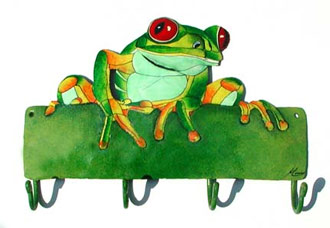 Green Tree Decorative Painted metal Frog Wall Hook - 9" x 12"  - Haitian steel drum painted art