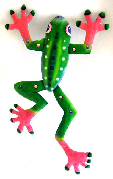 Green and Pink frog wall hanging. Haitian painted metal design.