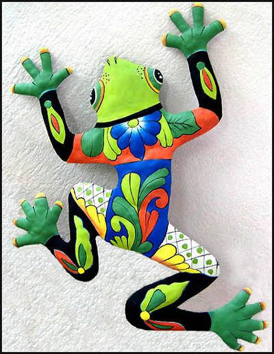 18" x 24" Green Hand Painted Frog Metal Wall Hanging - Haitian steel drum painted art - talavera style