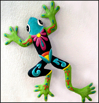 12" x 20" Turquoise & Green Painted Metal Frog Wall Hanging - Haitian steel drum painted art - talavera style