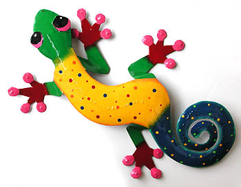 Painted Metal Gecko Art Wall Hanging, Tropical Garden Decor, Outdoor Metal Garden Art, 13"