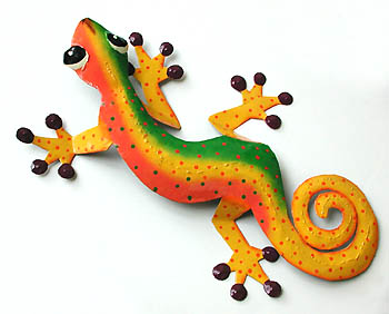 Hand Painted Metal Tropical Gecko  - Caribbean Steel Drum Art - 8"x13"