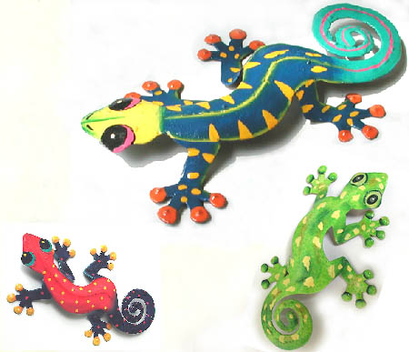 3 Piece Gecko Combo, Garden Decor, Painted Metal Tropical Decor - Outdoor Metal Art 