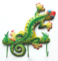 Hand Painted Metal Green Gecko Wall Hook - 9 1/2" x 10"