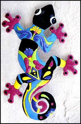 12" x 18" - Blue & Magenta Gecko Wall Hanging - Painted Metal