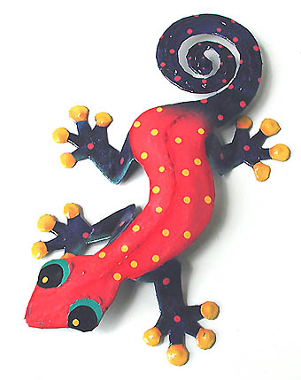 Red - Blue Hand Painted Gecko Artwork - Steel Drum Metal Art - 11"x19"