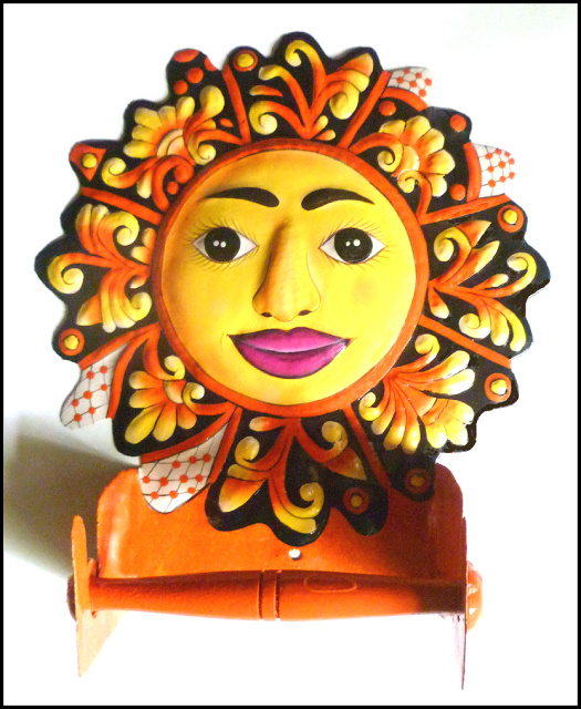 Hand painted metal toilet paper holder. Sun