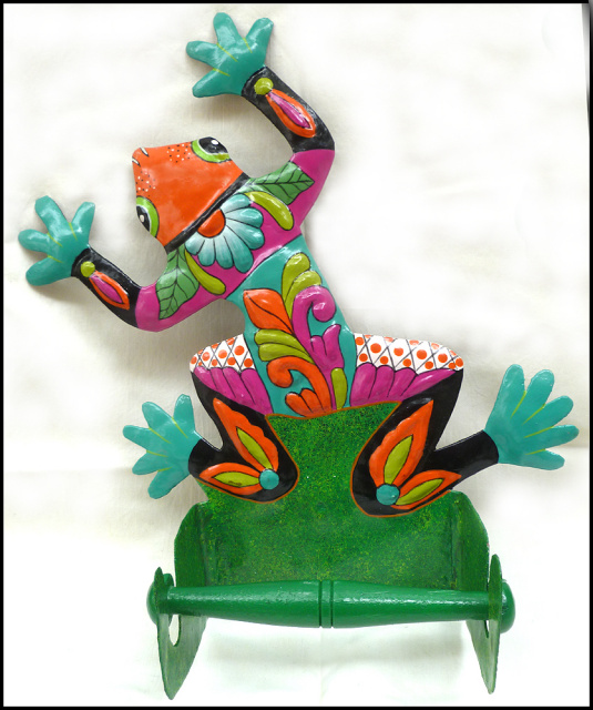 Painted Metal Frog Bathroom Toilet Paper Holder - Tropical Decor - 10" x 14"