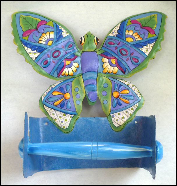 Butterfly Painted Metal Toilet Paper Holder - Tropical Bathroom Design - 10" x 10"