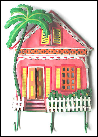 Handcrafted Haitian Art - Painted Metal Tropical Pink House Wall Hook - 12
